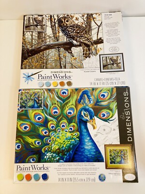 Set of 2 PaintWorks Dimensions Paint by Number Wild Feather Peacock Wise Owl
