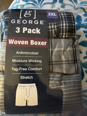 Mens 2XL Boxers 3 Pack Woven Tag Free Moisture Wicking Multicolor George XXL
