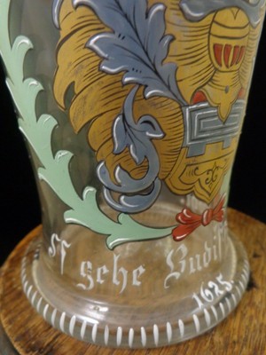 1880s Antique Historism Fritz Heckert 17thC Coat of Arms Enamel Art Glass Beaker
