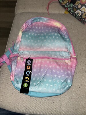Girls 15  Essentials Backpack Mochila Pink,purple, Blue and white Hearts NWT