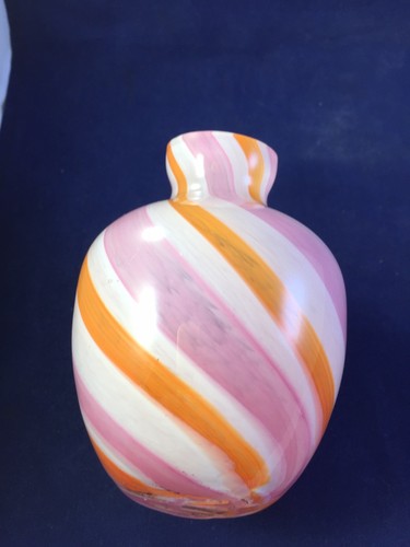 Art Glass Vase -hand blown- Pink/White/Orange Swirl Pattern.  4 1/4 