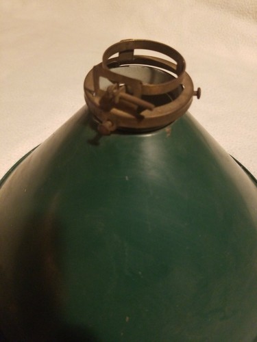 ANTIQUE INDUSTRIAL TIN LAMP SHADE WITH BRASS RING OLD GREEN VINTAGE PAINT