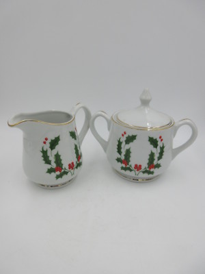 Fine China from Japan - Holly Holiday - Creamer and Sugar Bowl with Lid