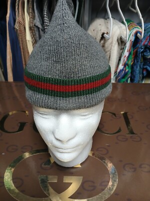 Authentic Gucci Beanie Knit Hat Web Size XL Wool  Gray/Green Red Italy