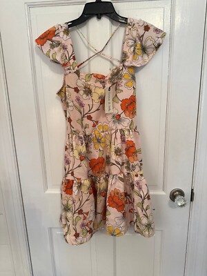 Lottie & Holly BOG Blush Pink Floral Tiered Flutter Sleeve Dress size S NWT