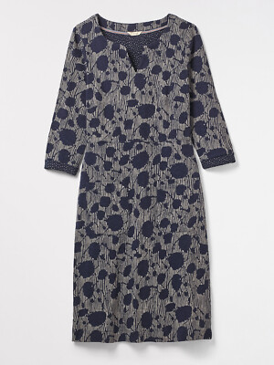 White Stuff dress size 8 10 printed pretty polly navy blue cotton jersey pockets