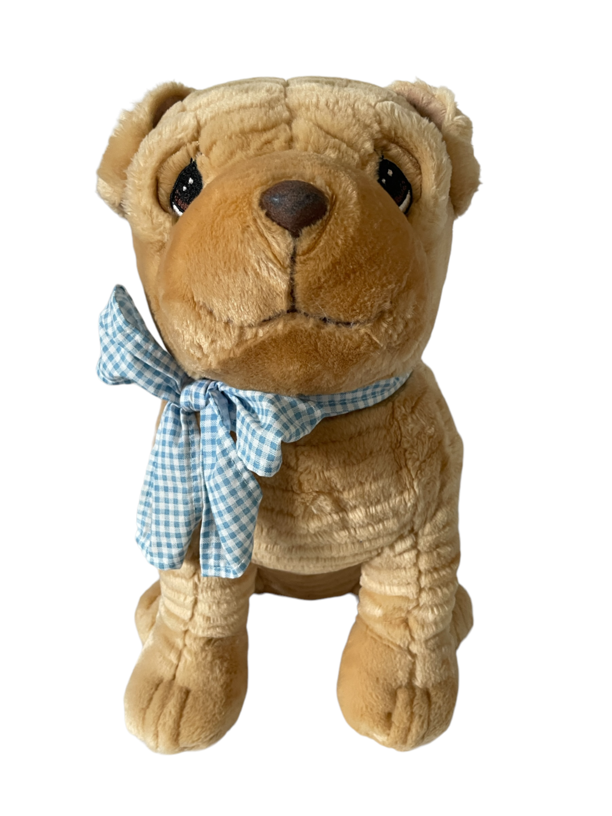Precious Moments Shar Pei Dog Plush Brown Tan Puppy w Blue Plaid Bow Enesco 14”