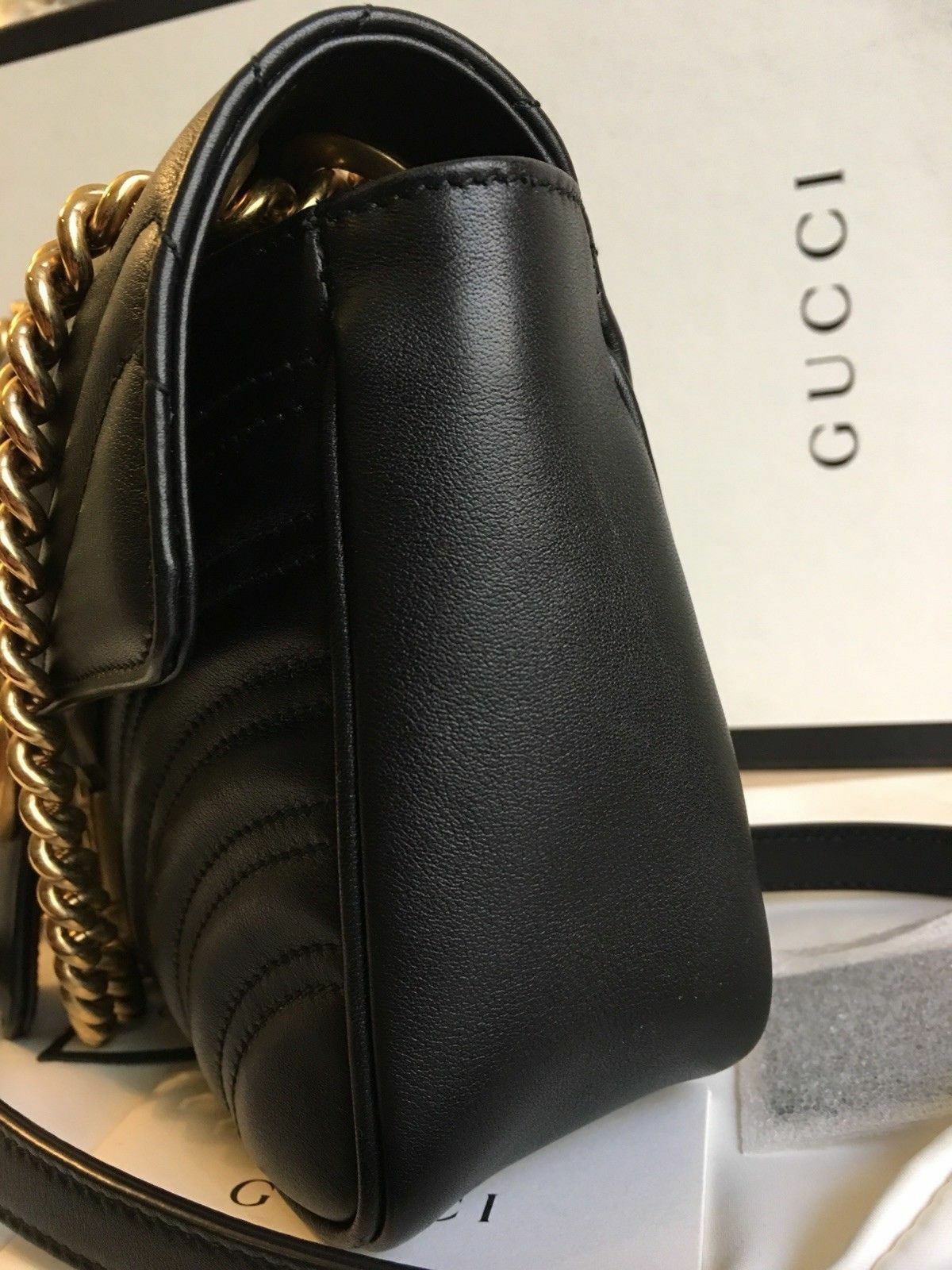 Authentic! Gucci GG Marmont small matelassé shoulder bag Black Leather