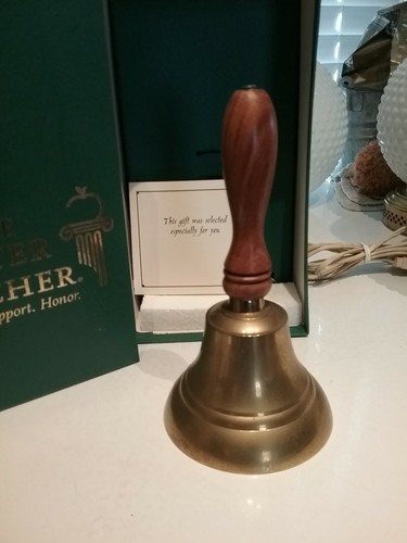 Vintage Wooden Handle Solid Brass Master Teacher Handcrafted School Bell-org Box