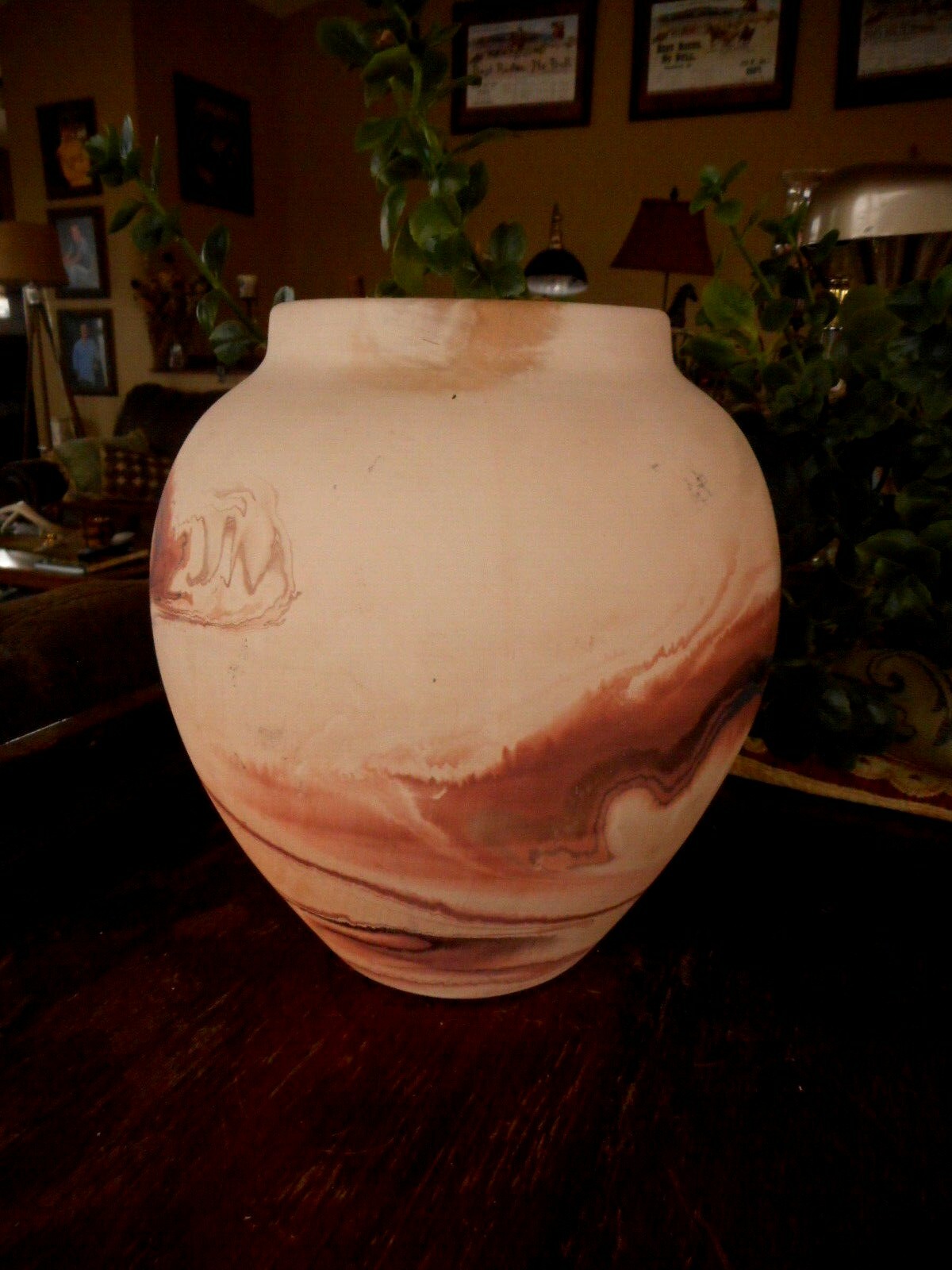 Nemadji Pottery Bulbous Vase Handmade USA Swirl Art apx 7.75