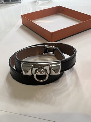 Hermès Rivale Double Tour Wrap Bracelet Black Leather Palladium Studs Size T6