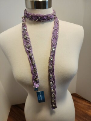 Nine West Purple Beaded Rhinestone Skinny Scarf Sash NWT