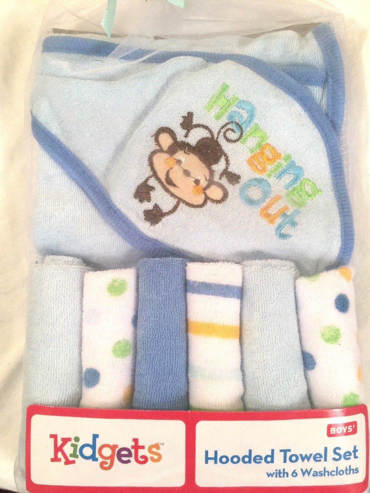 NEW Baby Toddler Hooded Towel Set With 6 Washcloths Monkey Kidgets Baby Gift Boy