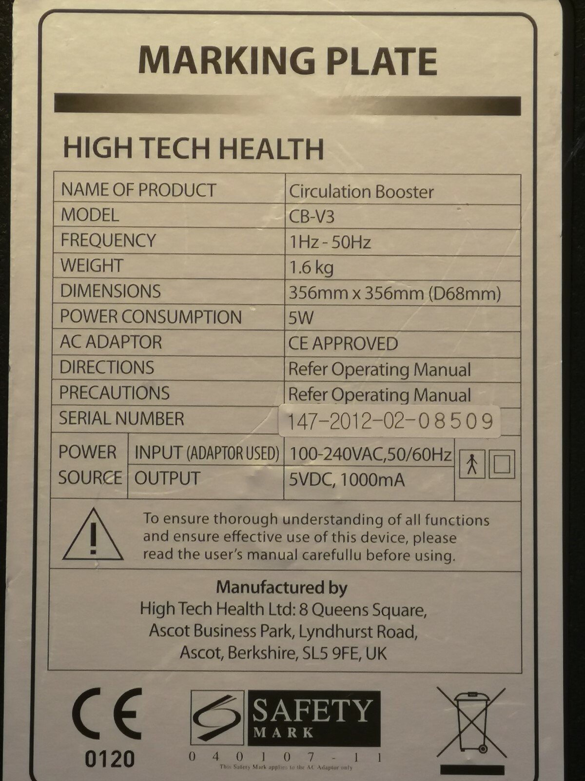 Circulation booster high tech health With mains plug & tens pads Body Attachment