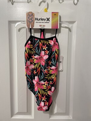 5 / 6 Hurley Girls Swimsuit Tropical Floral Tankini Black Pink One Piece NWT