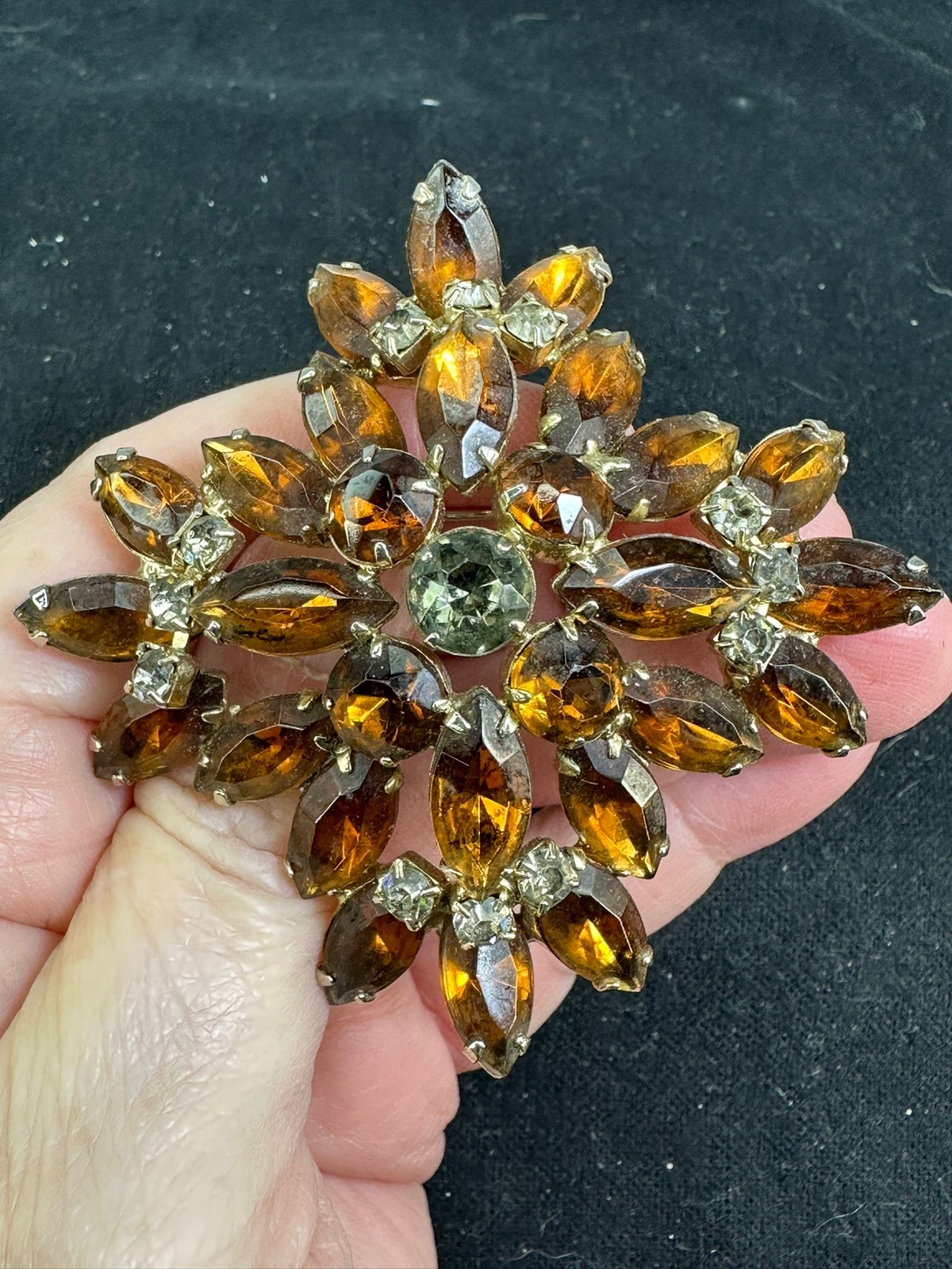 Flower Amber Navette & Clear Rhinestone JULIANA Vintage Gold