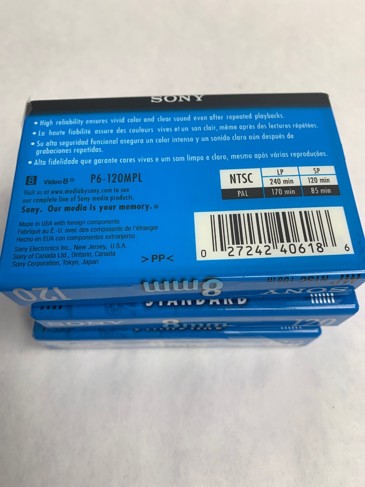 Sony 3 Pack 8mm Standard 120 Minute Blank Camcorder Tapes Sealed