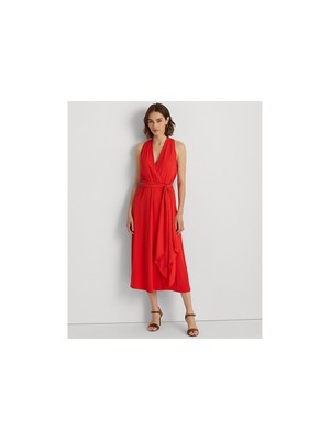 

LAUREN RALPH LAUREN Красное женское платье миди с поясом и подкладкой без рукавов + расклешенное платье, Красный
