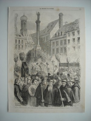 GRAVURE 1869. MESSE ANNIVERSAIRE CELEBREE PLACE HOTEL-DE-VILLE MUNICH, BOURGEOIS