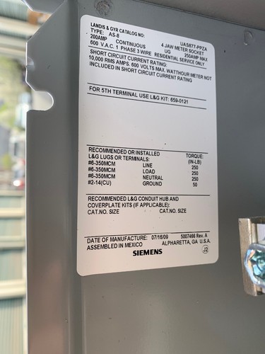 SIEMENS 4 JAW METER SOCKET UAS877-PPZA 200 AMP 600 VAC 1PH 3 WIRE RESIDENTIAL