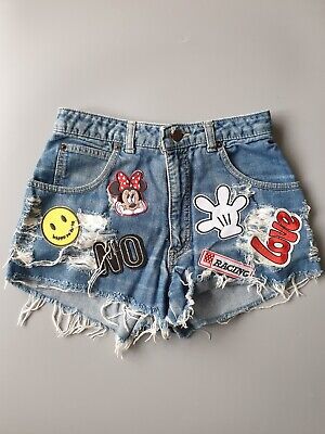 Edwin Blue Denim Shorts High Waist Patches Smile Minnie Mouse Distressing size S