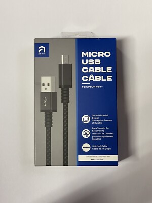 Atrix Micro USB Cable 10 Feet Cable Black Durable Braided Charger For PS4 (B9)