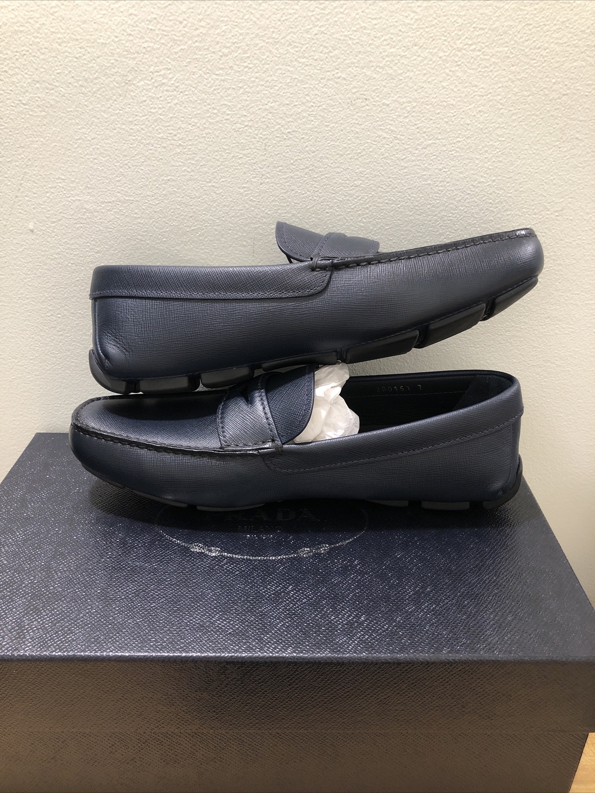 Pre-owned Prada Saffiano Navy Blue Leather Loafers 2dd151
