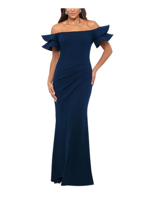 XSCAPE Womens Navy Ruffle Sleeves Lined Full-Length Evening Sheath Dress 16