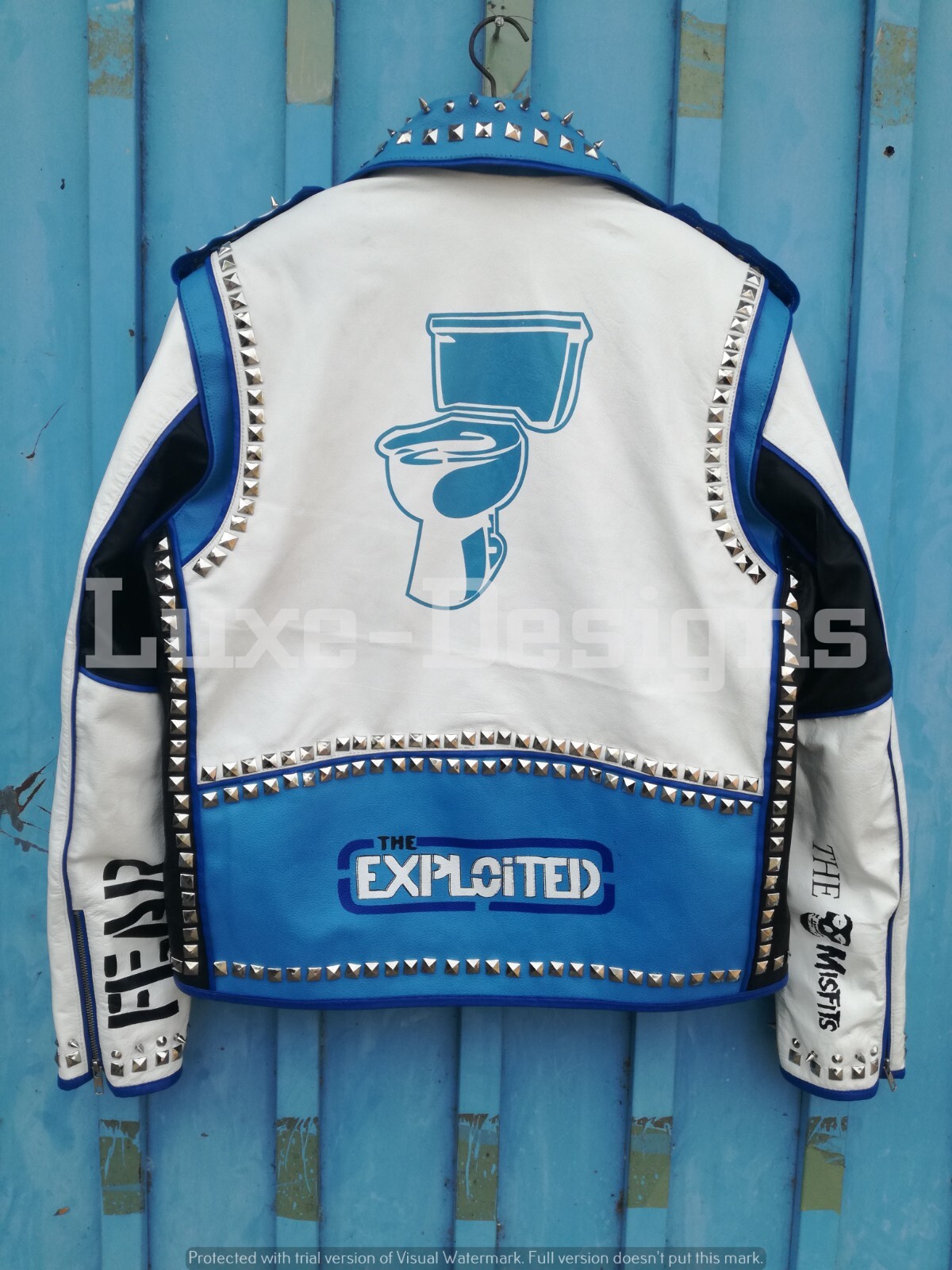 Pre-owned Handmade Men's Punk Wasted Youth Exploited Spiked Studded Logos Biker Leather Jacket In Black