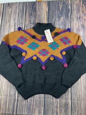 Vintage Womens Argyle Sweater Large Black Poms Turtleneck Drop Sleeve NEW NWT