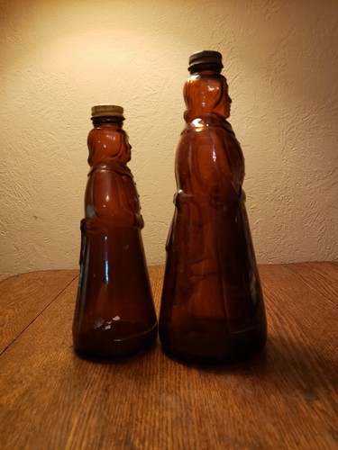 2 Vintage Mrs. Butterworth's Aunt Jemima Amber Glass Syrup Bottles