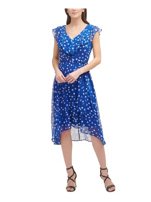 

DKNY Womens Blue Tie Cap Sleeve V-образным вырезом Midi Cocktail Fit + Flare Dress, Синий