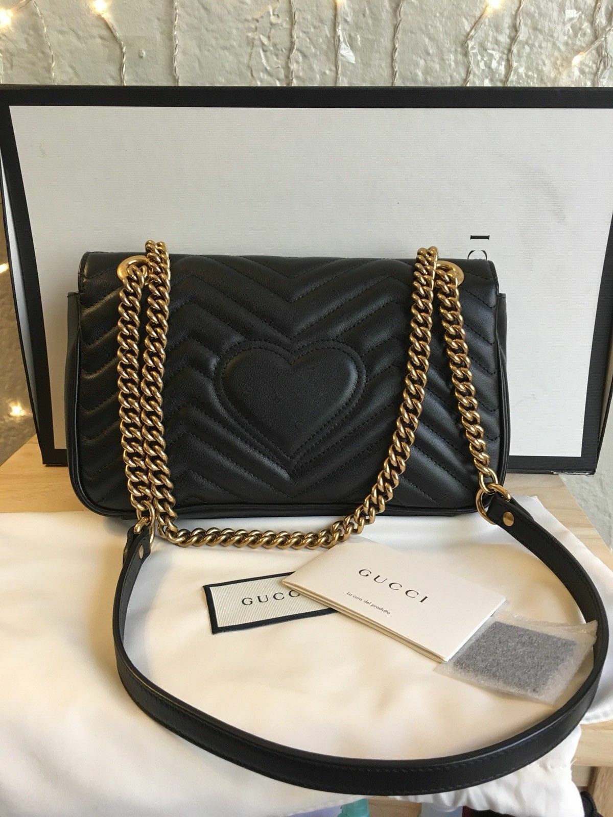 Authentic! Gucci GG Marmont small matelassé shoulder bag Black Leather