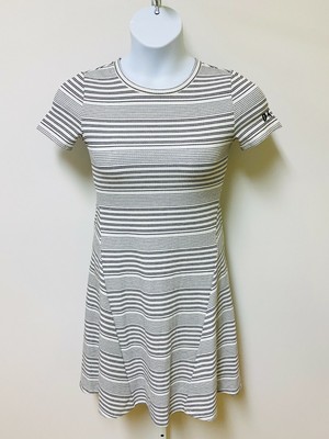 DKNY Women's White Black Stripe Ribbed Logo Dress Sz XS Short Sleeves Pullover