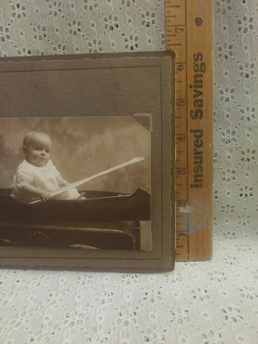 Vintage Black And White Studio Photograph Baby Boy In Canoe With Paddle