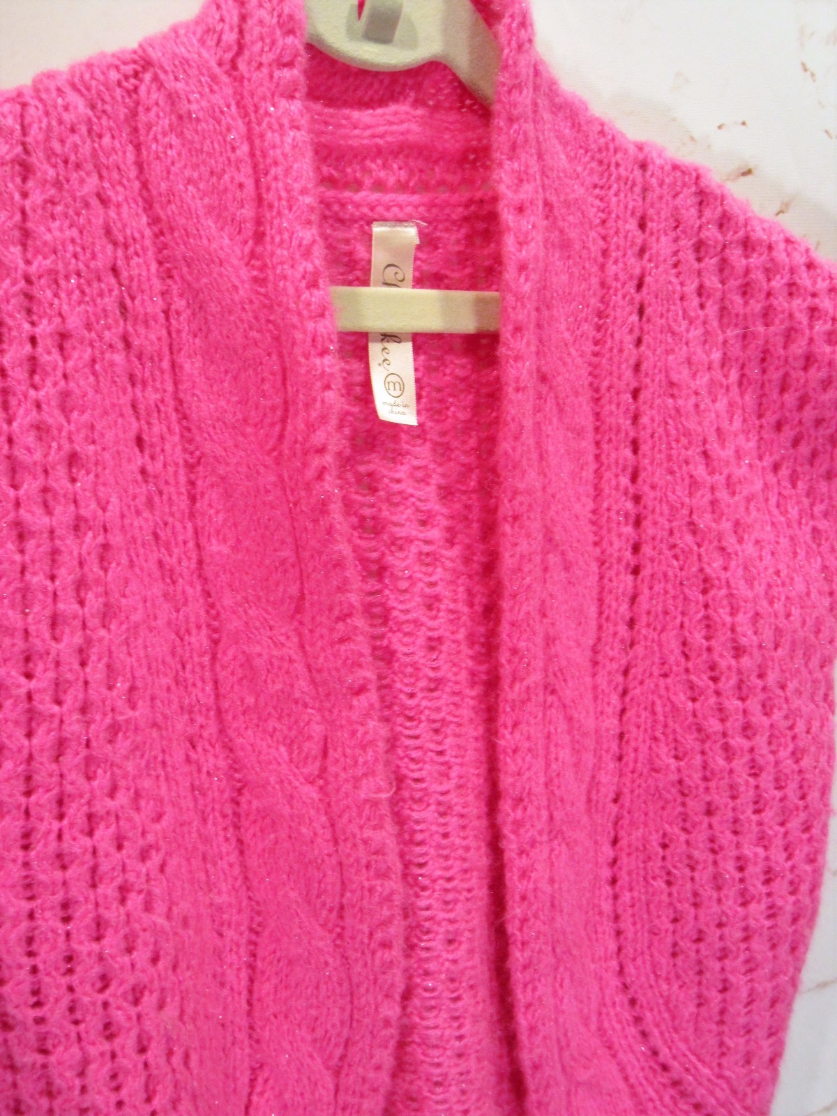 SHRUG size M Medium Girl's METALLIC Thread Cable Knit Pink Sweater 8 10 12