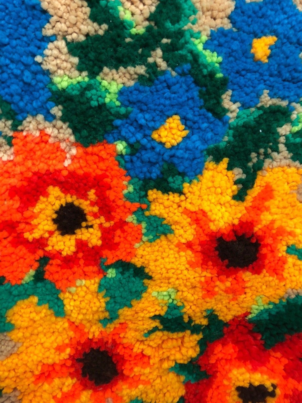 Vintage Floral Latch Hook Rug Wall Hanging 23 1/2 x 33 1/2 Flowers Handmade