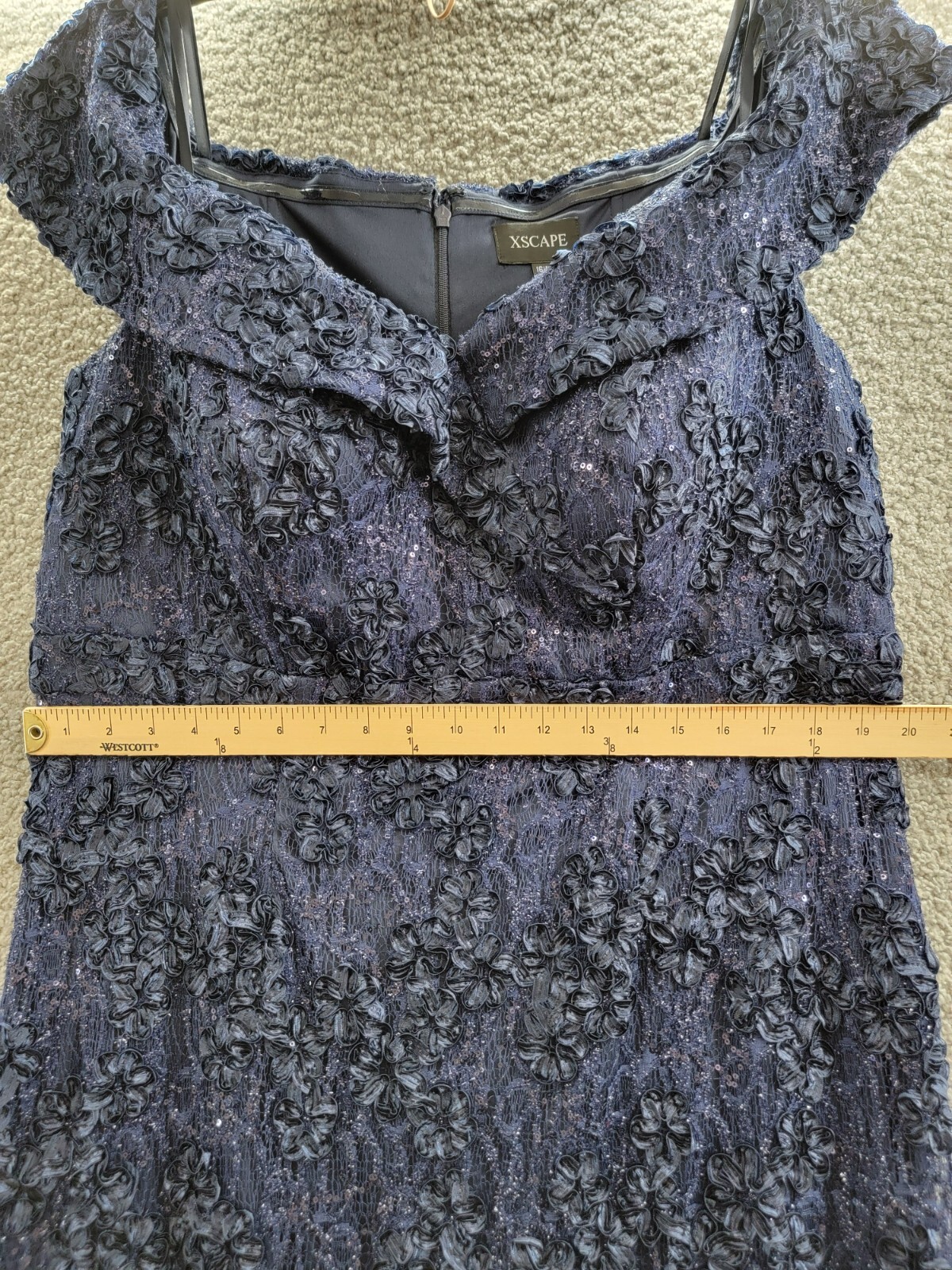 Xscape Plus Size Off Shoulder Embroidered Lace Dress Women's 16W Navy Back Zip - Picture 7 of 21
