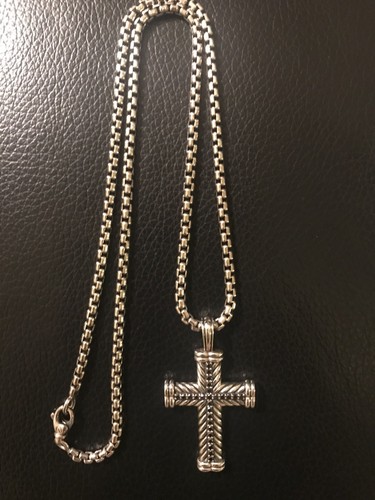 David Yurman Sterling Silver Chevron Cross Pendant w Black Diamonds & 22