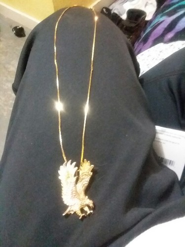 Yellow Polished Gold American Bald Eagle Landing Pendant With Chain