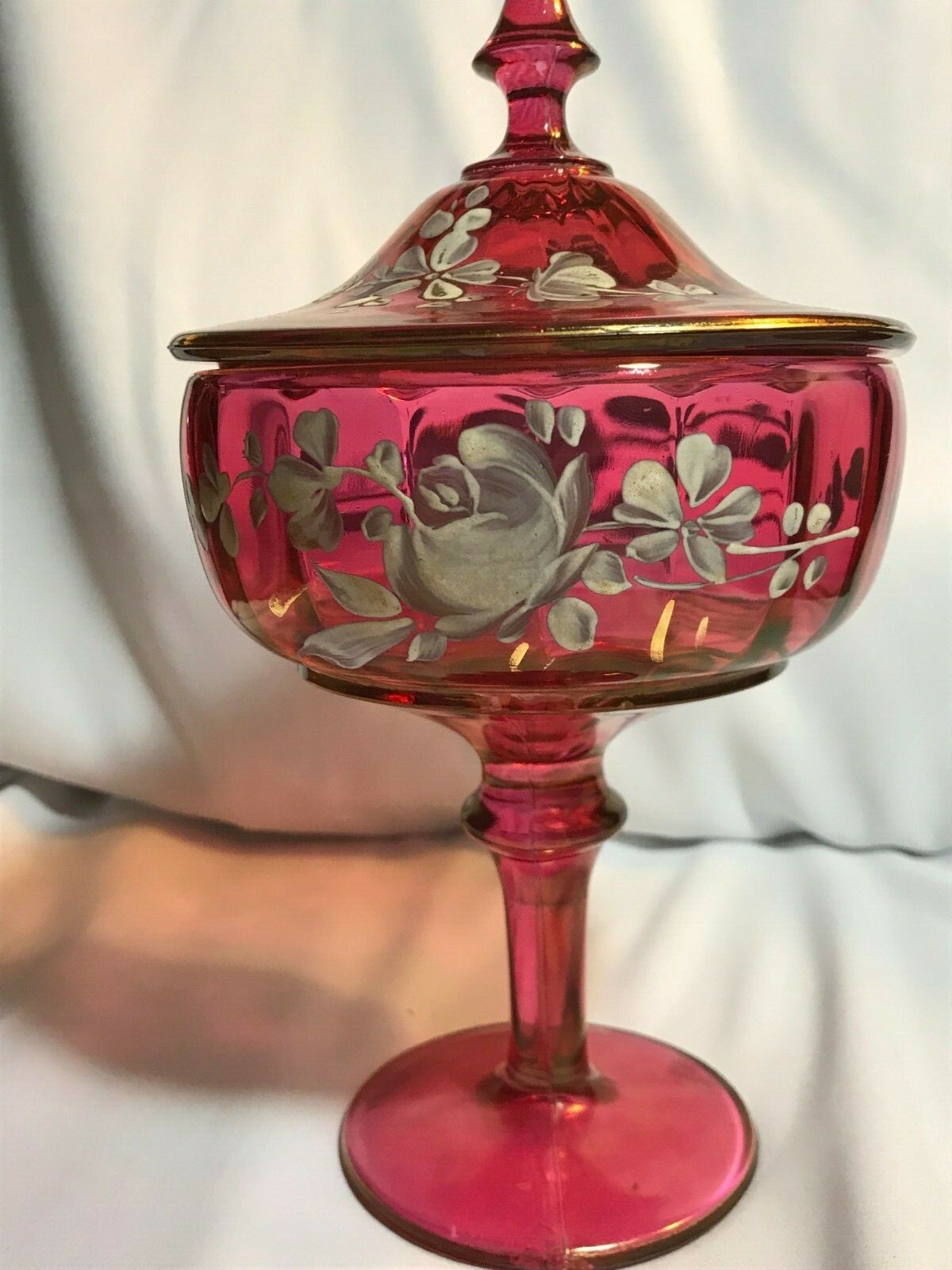 VINTAGE CRANBERRY HAND PAINTED COVERED CANDY DISH, STEM AND FOOTED FLORAL DESIGN