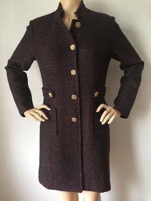 Pre-owned St. John's Bay St John Knit Long Jacket Topper Sz 14 Long Tweed Hematite Melange Wool In Black, Lara Red, Gold Shimmer