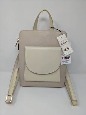 DIVINA FIRENZE Kitty Beige Italian Pebbled Leather Convertible Backpack Bag NWT