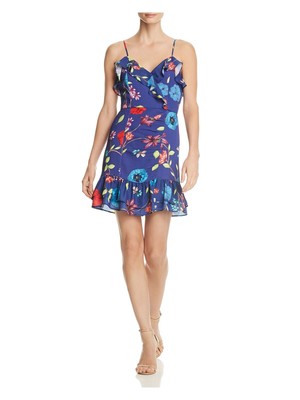 

PARKER Женское синее коктейльное платье до колена с рюшами и цветочным принтом, Синий