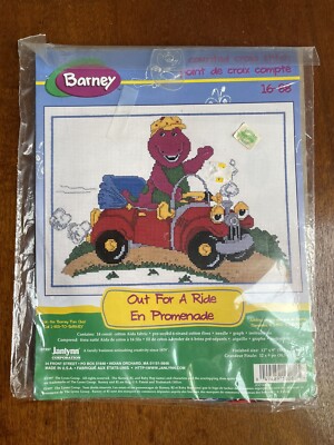 Vintage 1997 Barney Out for a Ride Counted Cross Stitch 12'' x 9''