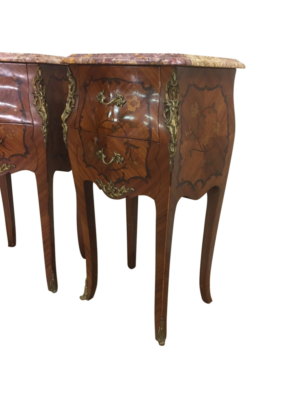 Nice Petite Marble Top Night Stands, Walnut with Inlay, Bronze Accents 1920's