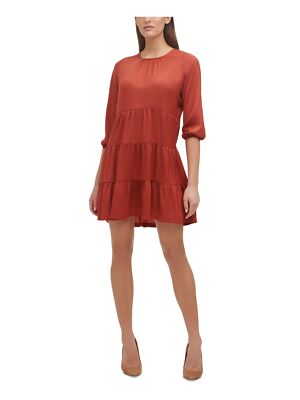 TOMMY HILFIGER Womens 3/4 Sleeve Round Neck Short Wear To Work Fit + Flare Dress