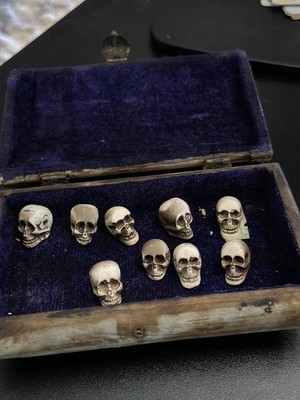 Vintage Camel Bone & Brass Box Brass With 9 Bone Skull Talisman.   