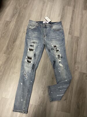 DNA LIGHT WASH BLUE STUDDED BIKER JEANS HAND CRAFTED SIZE 38 NEW RETAIL 119