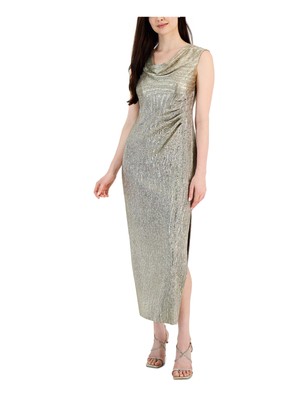 CONNECTED APPAREL Womens Beige Thigh High Side Slit Lined Maxi Dress Petites 4P